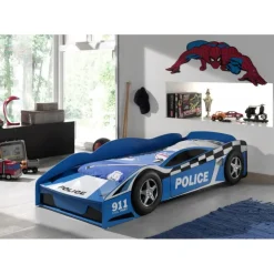 Børneseng bil 70 x 140 cm – blå politibil, MDF med lamelbund