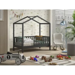 Børneseng husform – Dallas juniorseng 70 × 140 cm, antracit