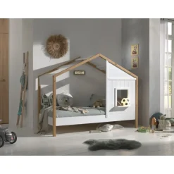 Børneseng husform 90 x 200 cm – Babs, hvid/natur