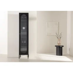 Cali Vitrineskab 37 x 180 cm med 1 låge og 4 hylder - glas og sort stål
