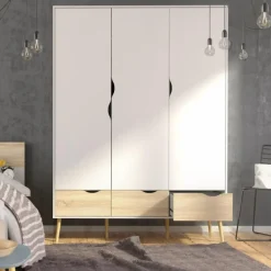 Charlie klædeskab 147 cm 3 låger + 3 skuffer - Hvid/Eg