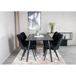 Dipp t Spisebordssæt 180 x 90 med 6 velour spisebordstole - Sort
