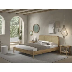 Dobbeltseng i eg med rattan – Olive 180 x 200 cm inkl. 2 natborde