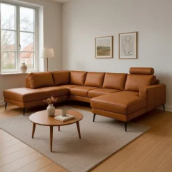 Esbjerg Læderhjørnesofa med chaiselong Cognac - Højrevendt