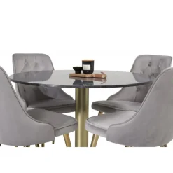 Estelle Rundt Spisebordssæt - Sort, Messing og Lysegrå