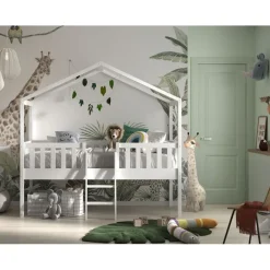 Halvhøj juniorseng med hustag 90 x 200 – Dallas, hvid