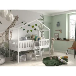 Halvhøj juniorseng med hustag 90 x 200 – Dallas, hvid