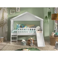 Halvhøj seng med rutsjebane 90 x 200 cm – Housebed, hvid