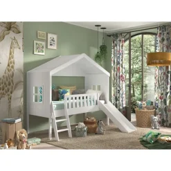 Halvhøj seng med rutsjebane 90 x 200 cm – Housebed, hvid