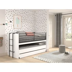 Halvhøj seng 90x200 med udtræksskrivebord – Sam, hvid/sort