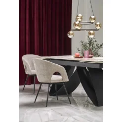 HILARIO Spisebord med udtræk, Beige marmor / Sort