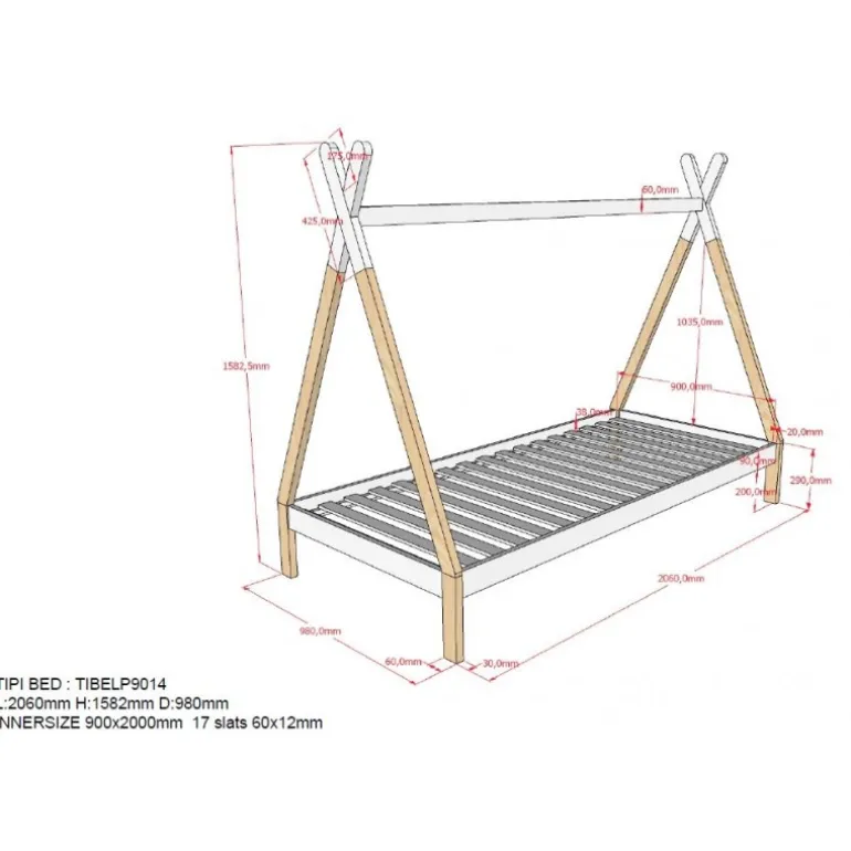 Juniorseng tipi 90 x 200 cm – natur/hvid