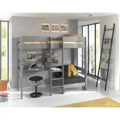 Loftseng med skrivebord og sovesofa – Pino 90 × 200 cm, grå