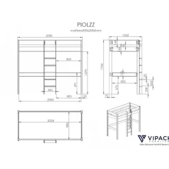 Loftseng med skrivebord og sovesofa – Pino 90 × 200 cm, grå