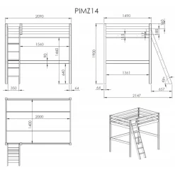 Loftseng 140x200 – Pino høj seng i hvid fyrretræ