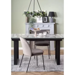 MARLEY Spisebord med udtræk, - top - Hvid marmor / Grå, ben - Sort