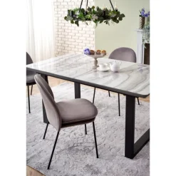 MARLEY Spisebord med udtræk, - top - Hvid marmor / Grå, ben - Sort