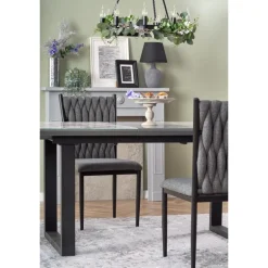 MARLEY Spisebord med udtræk, - top - Hvid marmor / Grå, ben - Sort