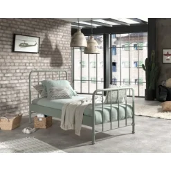 Seng 90 x 200 cm Bronxx – olivengrøn metal, industrielt design