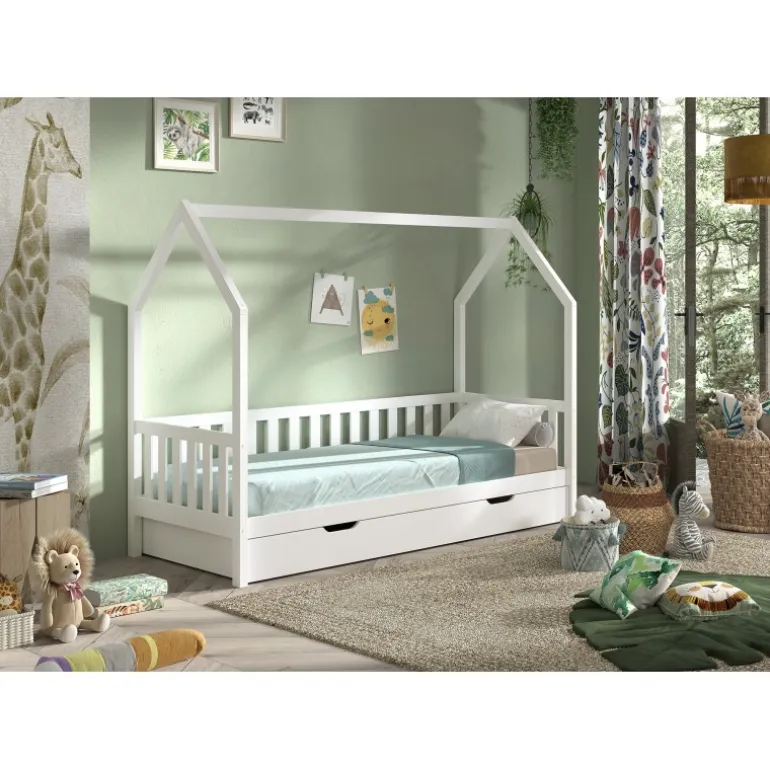 Seng med hustag Cabane 90×200 cm – Hvid (inkl. skuffe)