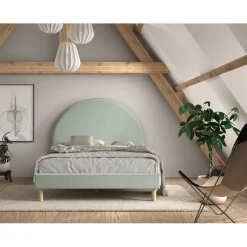 Seng med sengegavl 140 x 200 – Moon i olivengrøn bouclé