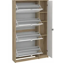 Shoes Skoskab 4 klaplåger m/2 rum + 1 spejllåge - Ege struktur og hvid højglans