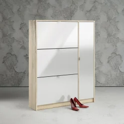 Shoes Skoskab 3 klaplåger m/2 rum + 1 låge - Ege struktur/Hvid højglans