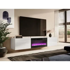 SLIDE Tvbord 200cm med Pejs - Hvid