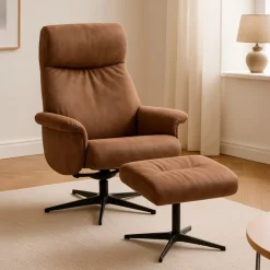 Tristan lænestol med fodskammel - Almond Bull microfiber læder