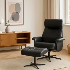 Tristan lænestol med fodskammel - Sort læder