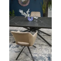 VITORINO Spisebord med udtræk, - bordplade - Sort marmor, ben - Sort